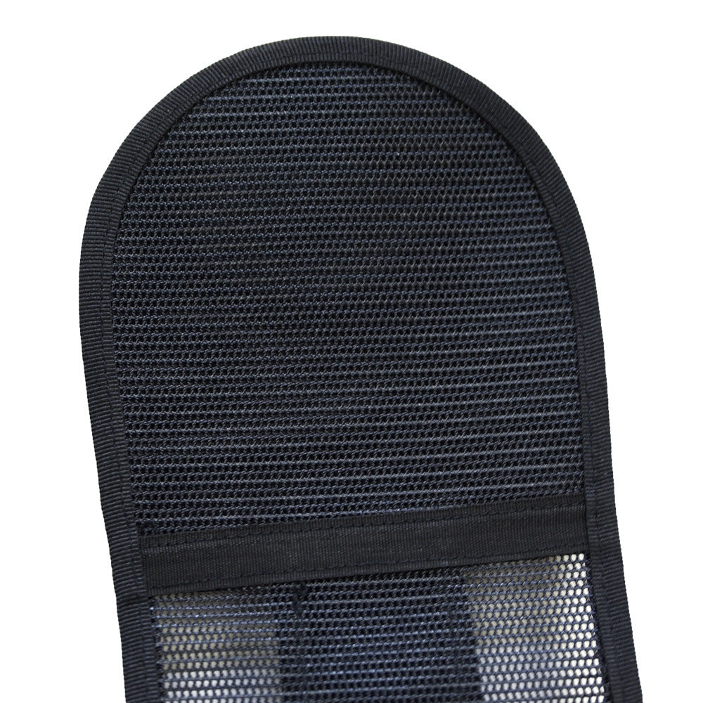 Close-up of a black sandal sole with mesh design on a white background