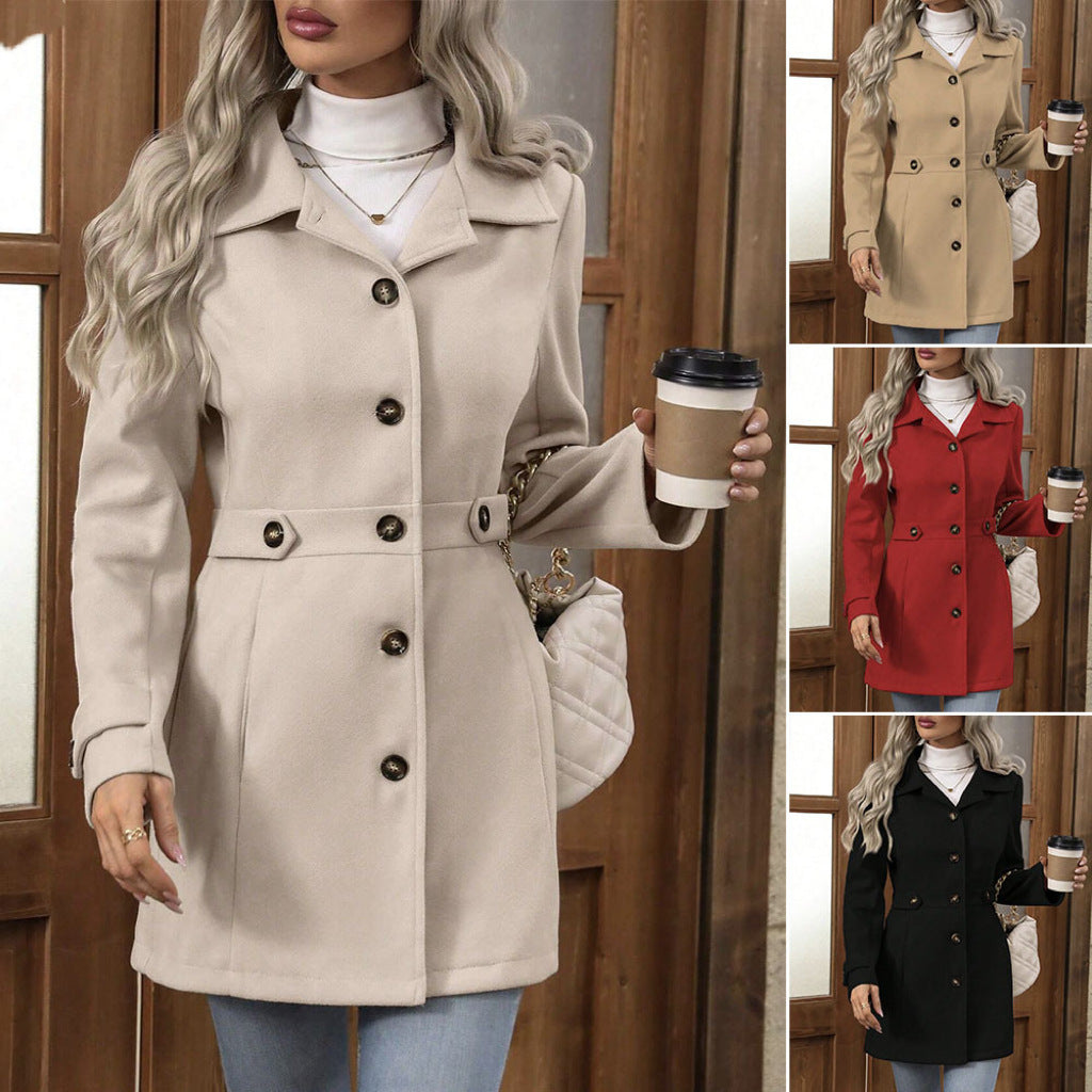 Women’s Elegant Single-Breasted Woolen Coat – Mid-Length Lapel Commuter Jacket