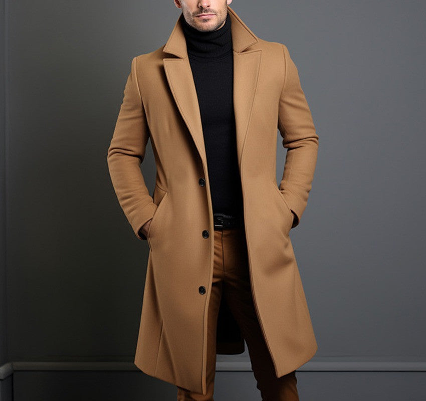 Men’s Mid-Length Woolen Trench Coat – Fall Winter Slim Fit Single-Breasted Jacket with Pockets | Casual & Business Overcoat