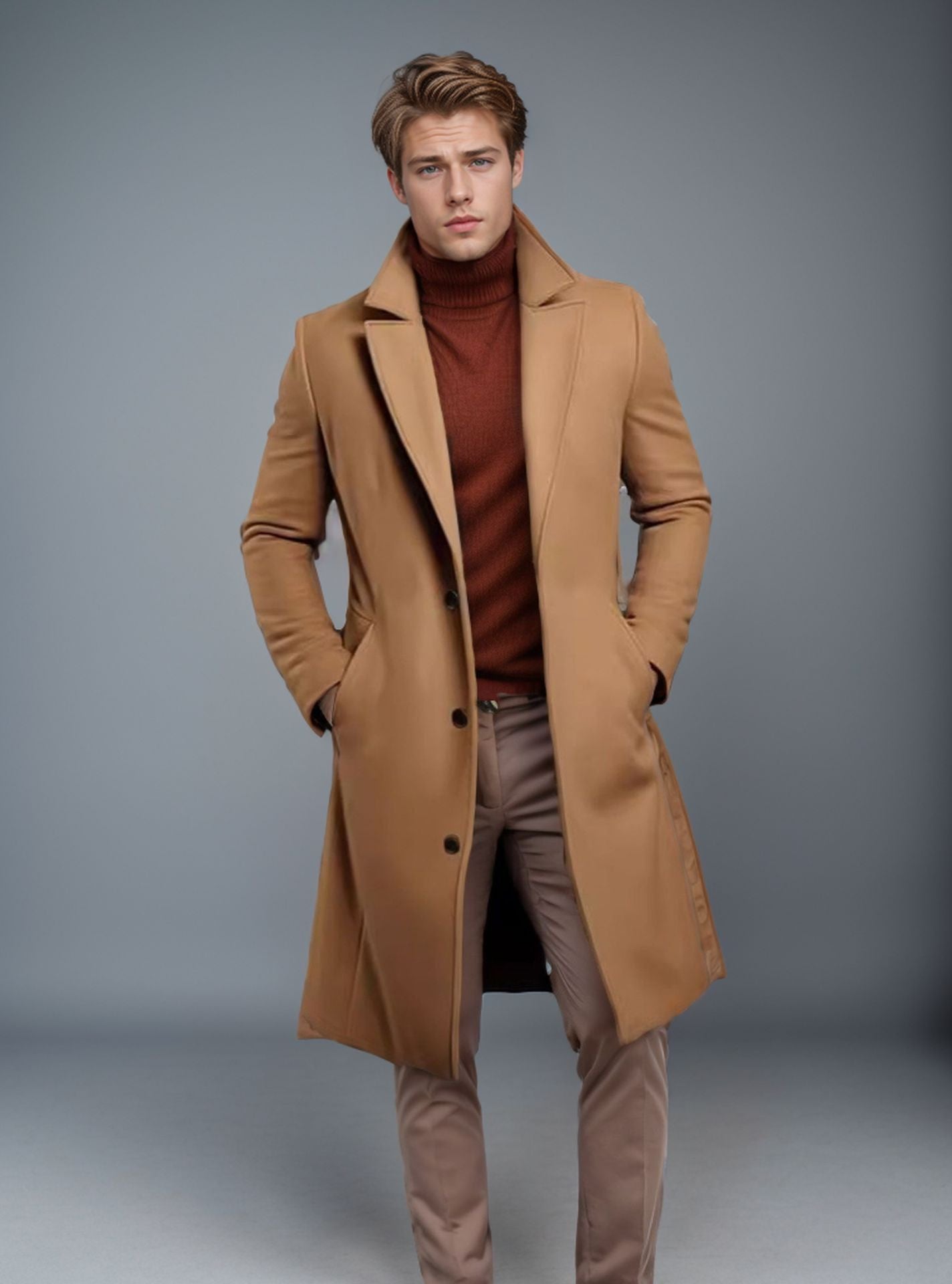 Men’s Mid-Length Woolen Trench Coat – Fall Winter Slim Fit Single-Breasted Jacket with Pockets | Casual & Business Overcoat