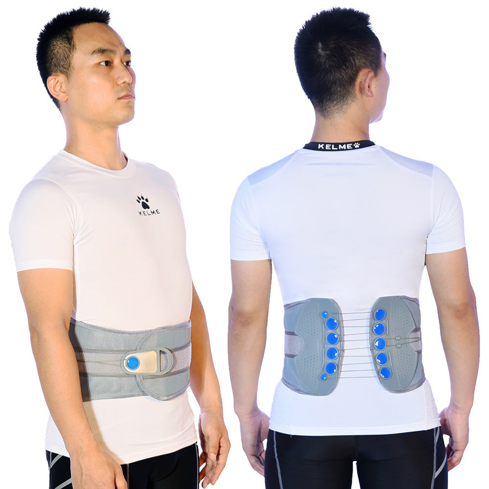 Person wearing a gray back support brace with blue accents on a white background
