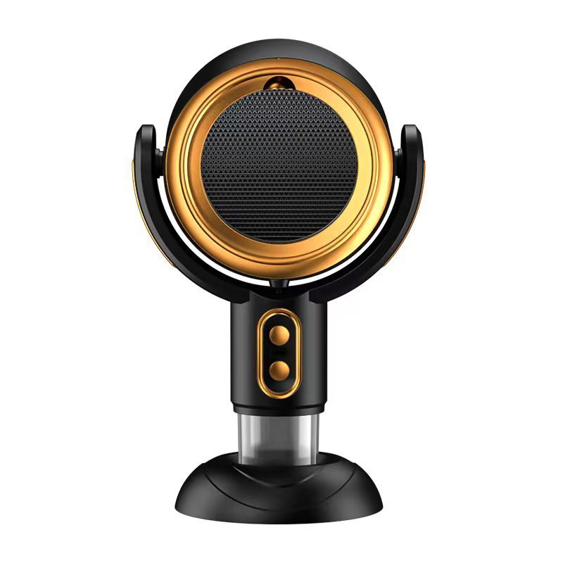 Black and gold microphone on a white background