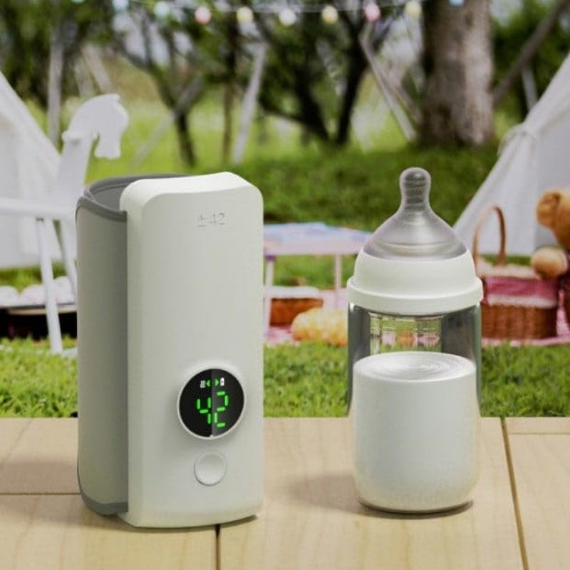Portable air purifier and baby bottle on a wooden table outdoors