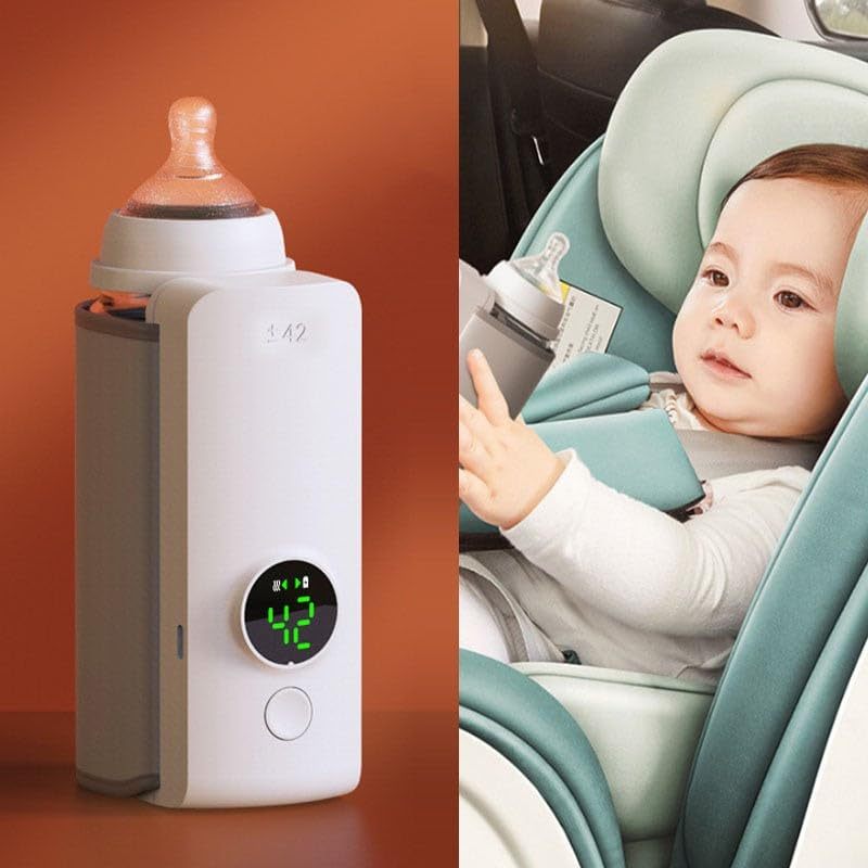 Baby bottle warmer and baby in car seat with pacifier