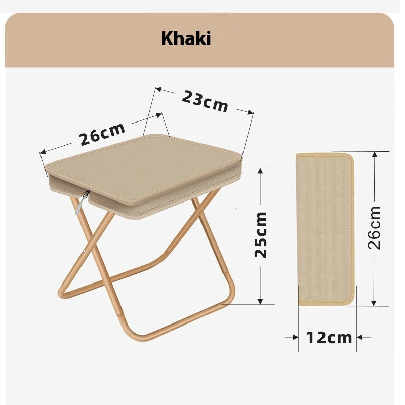 Khaki folding stool with dimensions on a white background