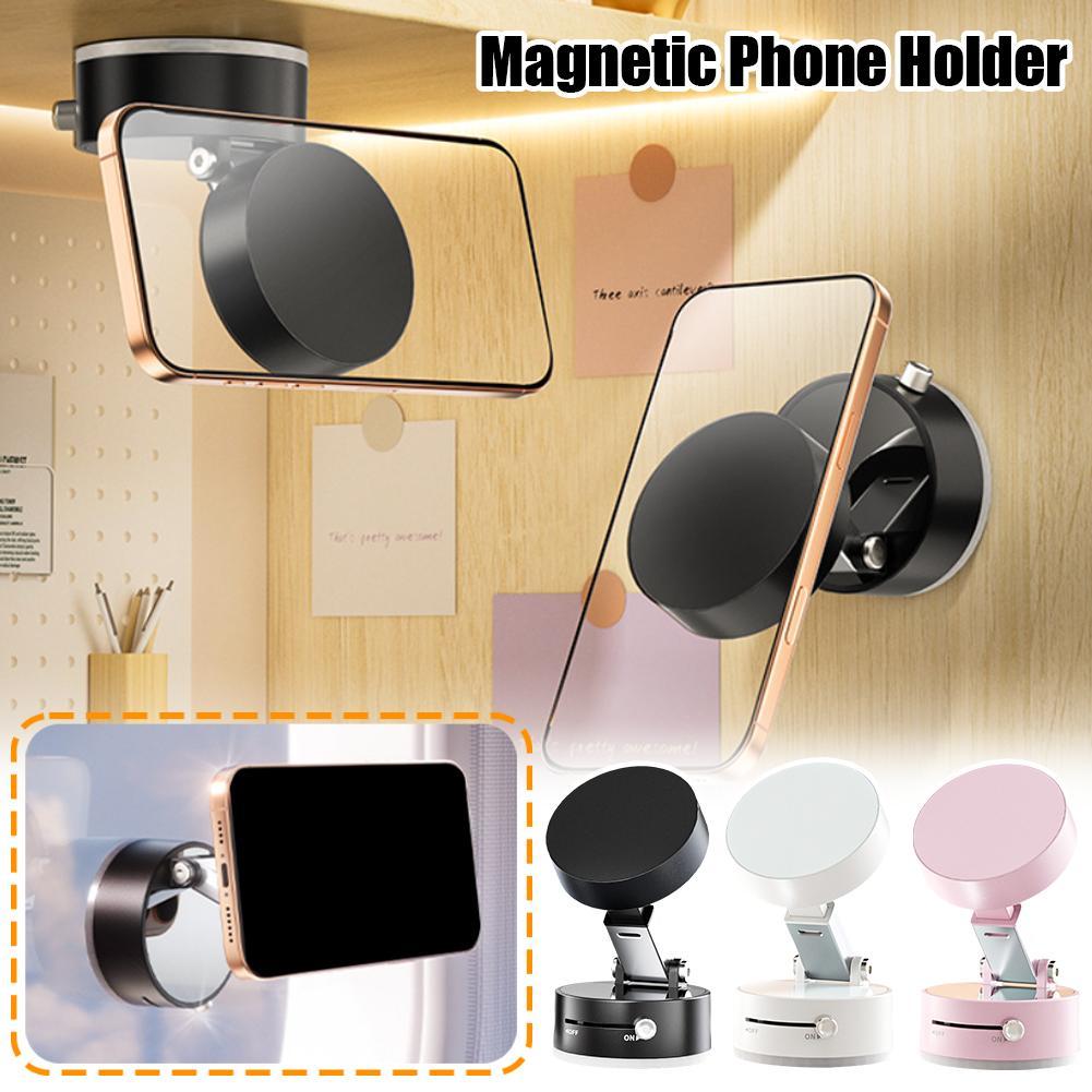 Magnetic phone holder with smartphone attachment on a wooden surface, showing different color options.