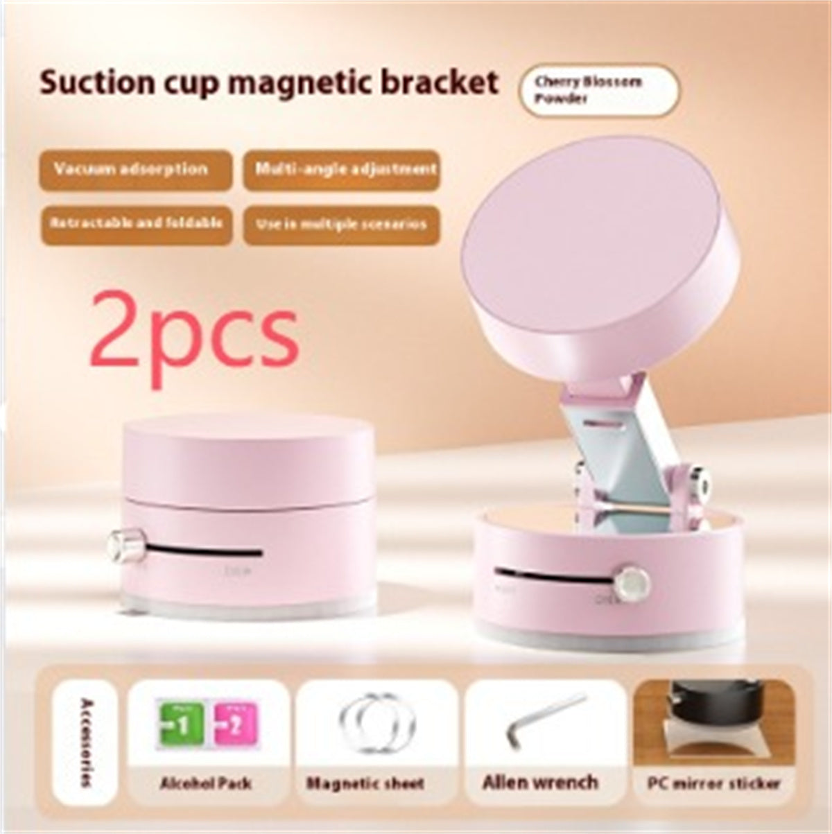 Pink suction cup magnetic bracket with additional accessories on a beige background