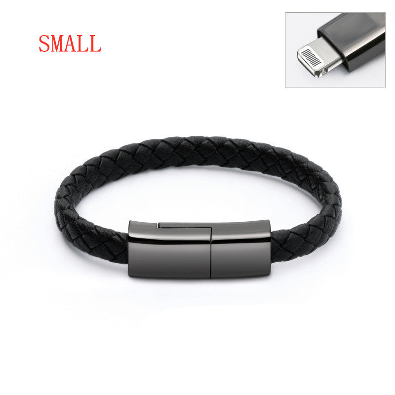 Black braided leather bracelet with metallic clasp on a white background