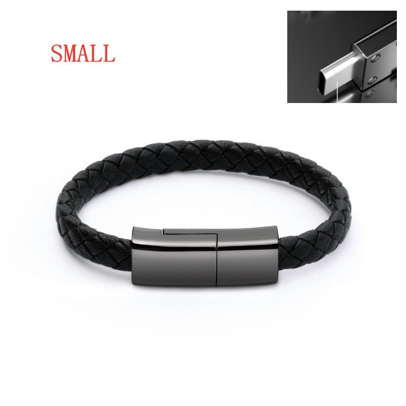 Black braided leather bracelet with a metallic clasp on a white background