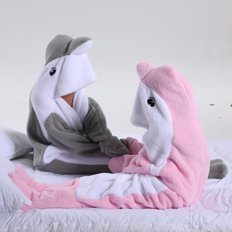 Dolphin & Shark Hooded Blanket – Soft Plush Sleeping Bag for Kids & Adults