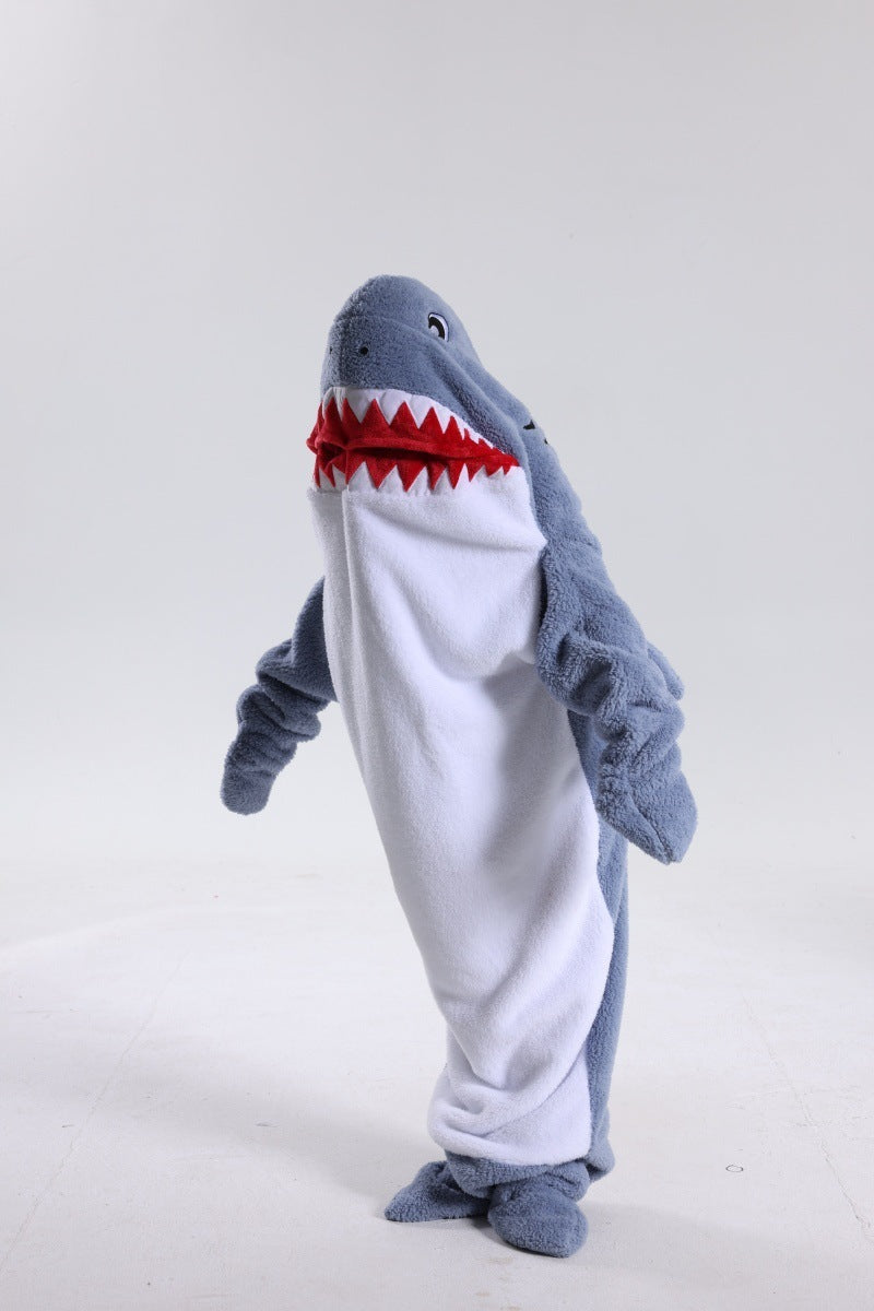 Shark-themed onesie on a white background