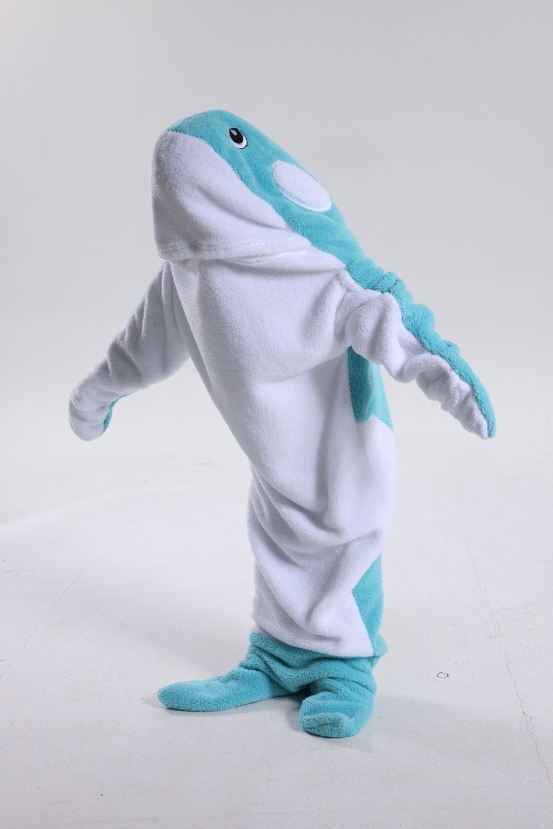 Shark costume with blue and gray design on a white background