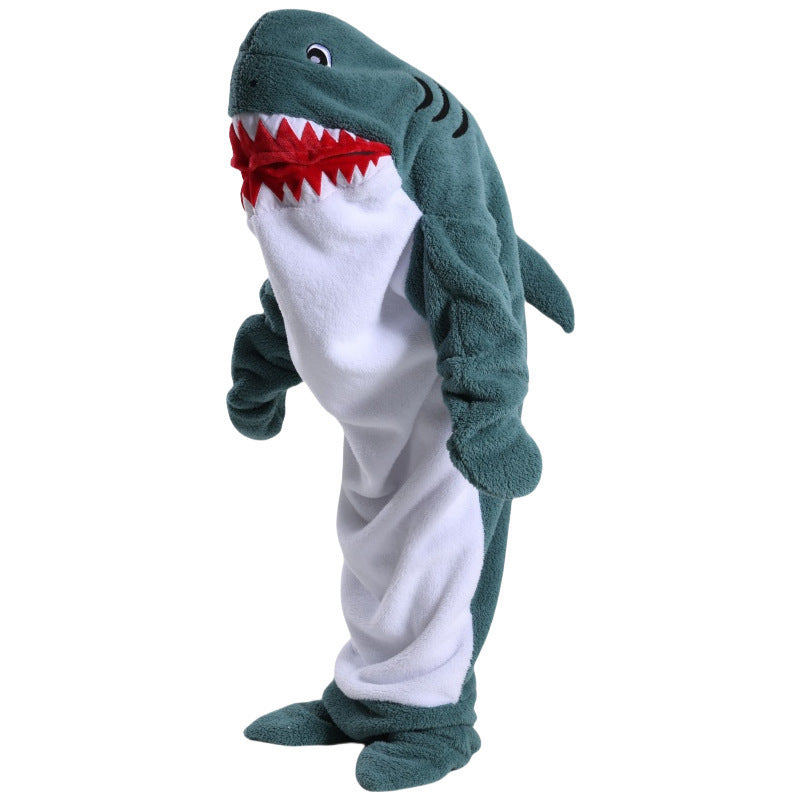 Shark costume with open mouth on a white background