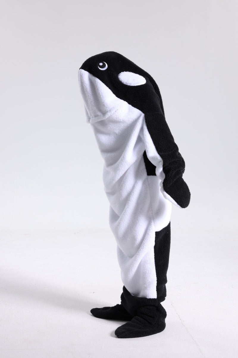 Orca whale costume on a white background