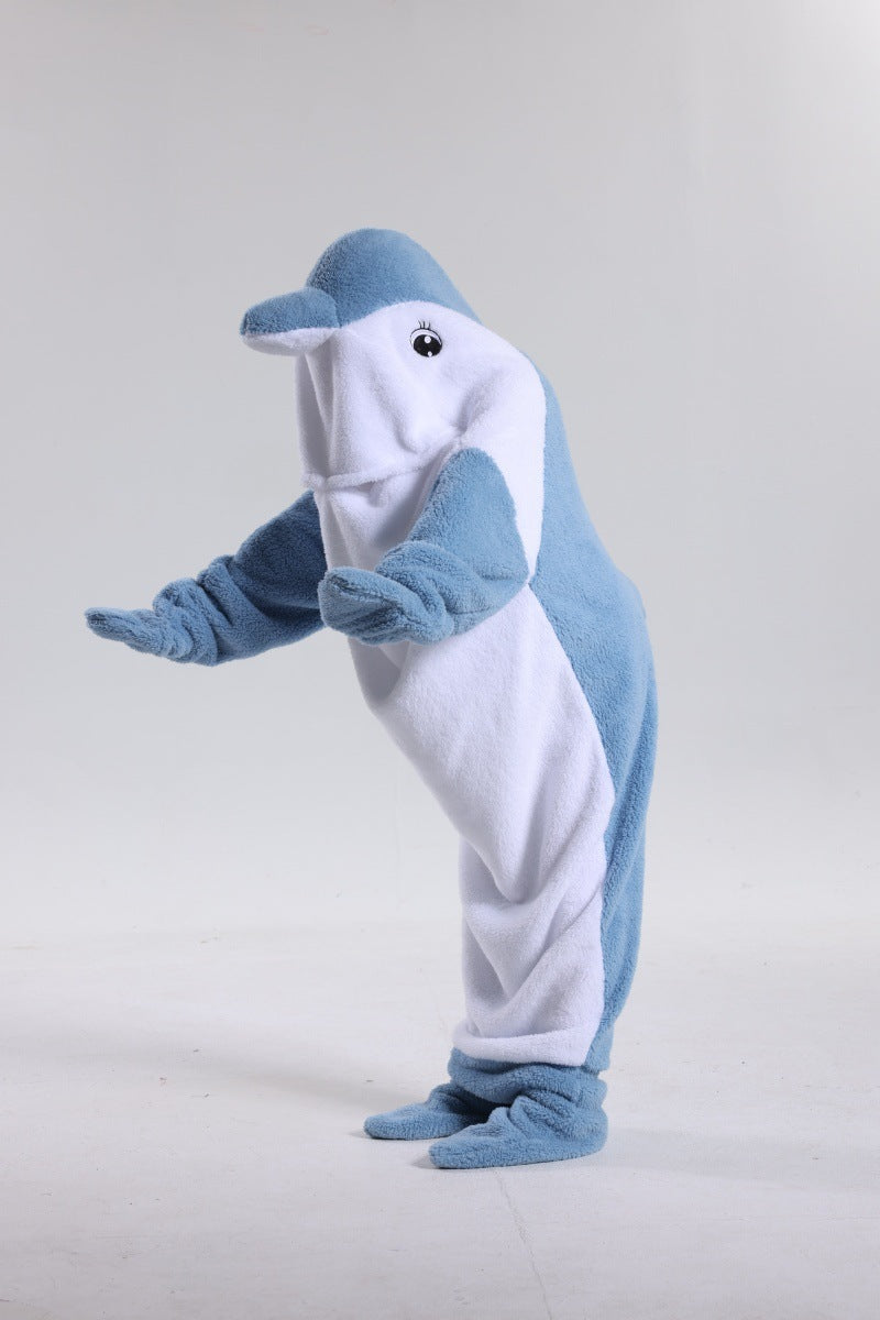 Blue and white dolphin mascot costume on a plain background