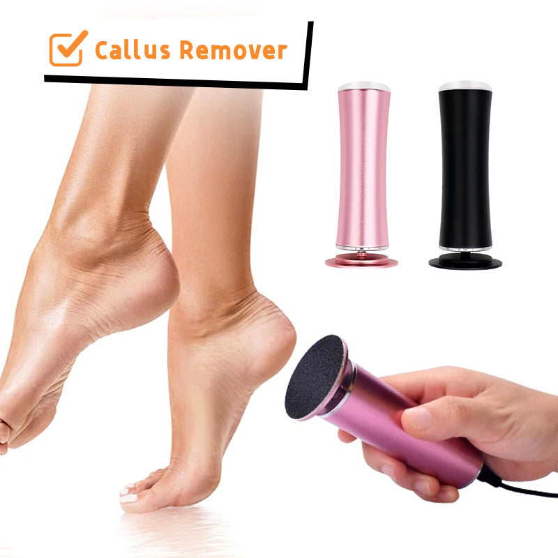 Electric foot callus remover device shown in pink color, alongside a visual depiction of its use on a foot, and a close-up of the device's head showing the replacement sandpaper.