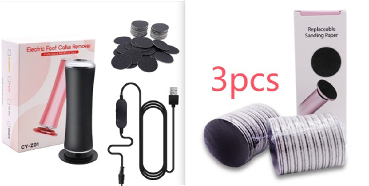 Electric foot callus remover device shown in pink color, alongside a visual depiction of its use on a foot, and a close-up of the device's head showing the replacement sandpaper.