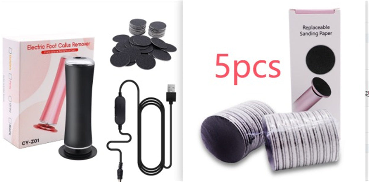 Electric foot callus remover device shown in pink color, alongside a visual depiction of its use on a foot, and a close-up of the device's head showing the replacement sandpaper.