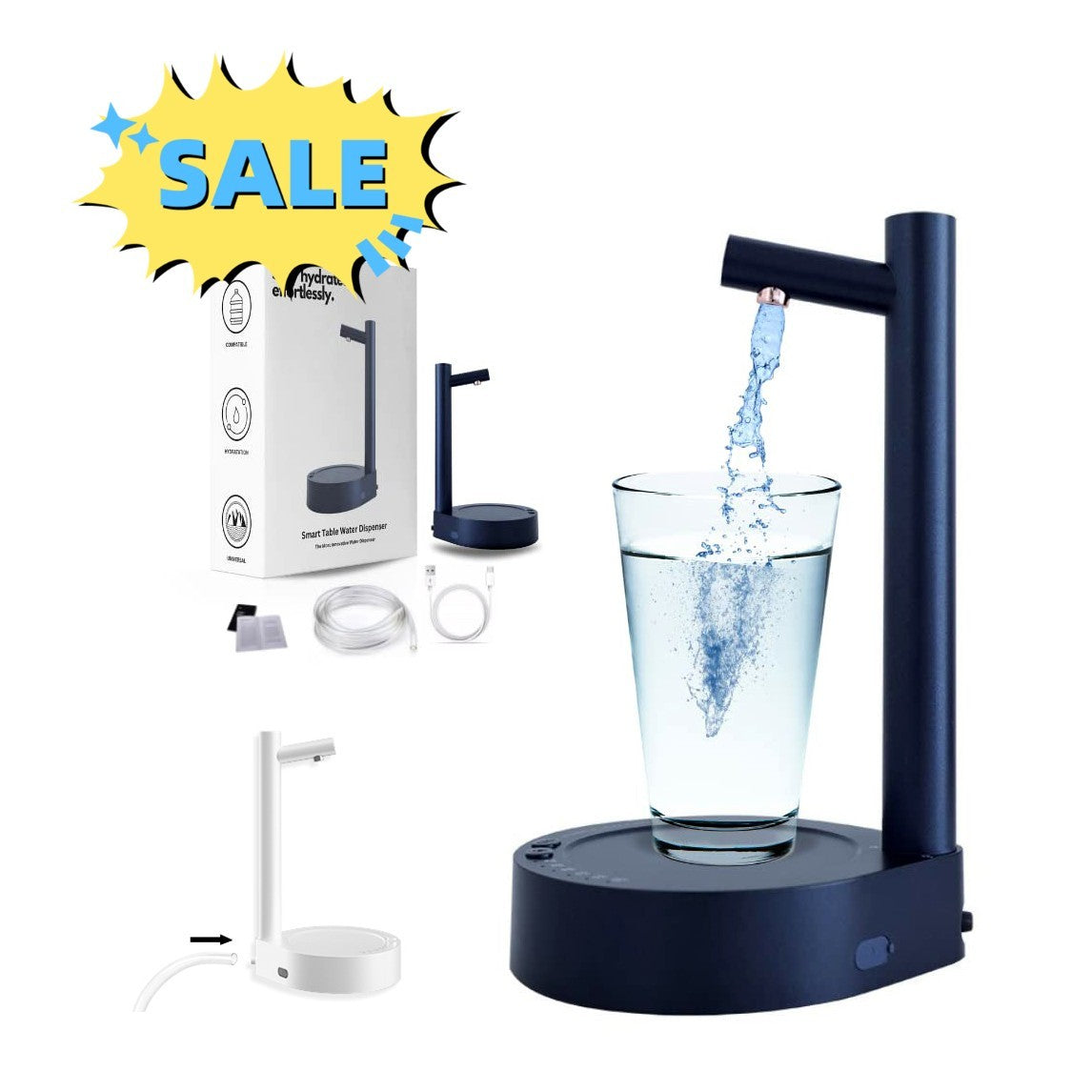 Black water dispenser pouring water into a glass with packaging and accessories on a white background