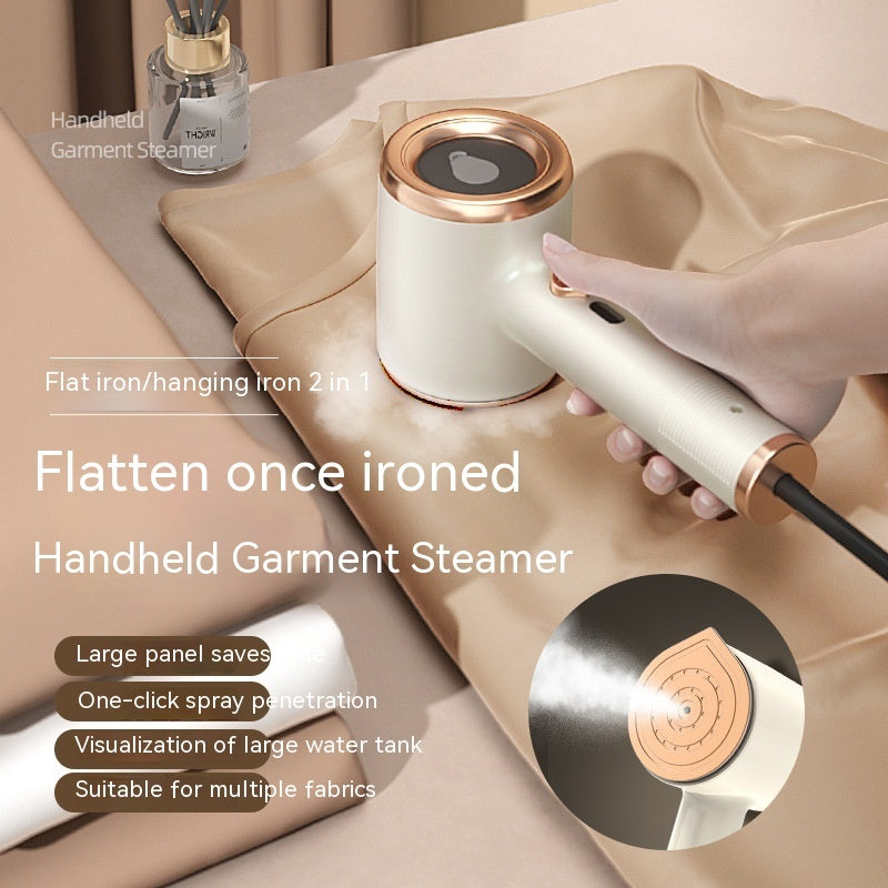 Handheld garment steamer being used on fabric with product details displayed.