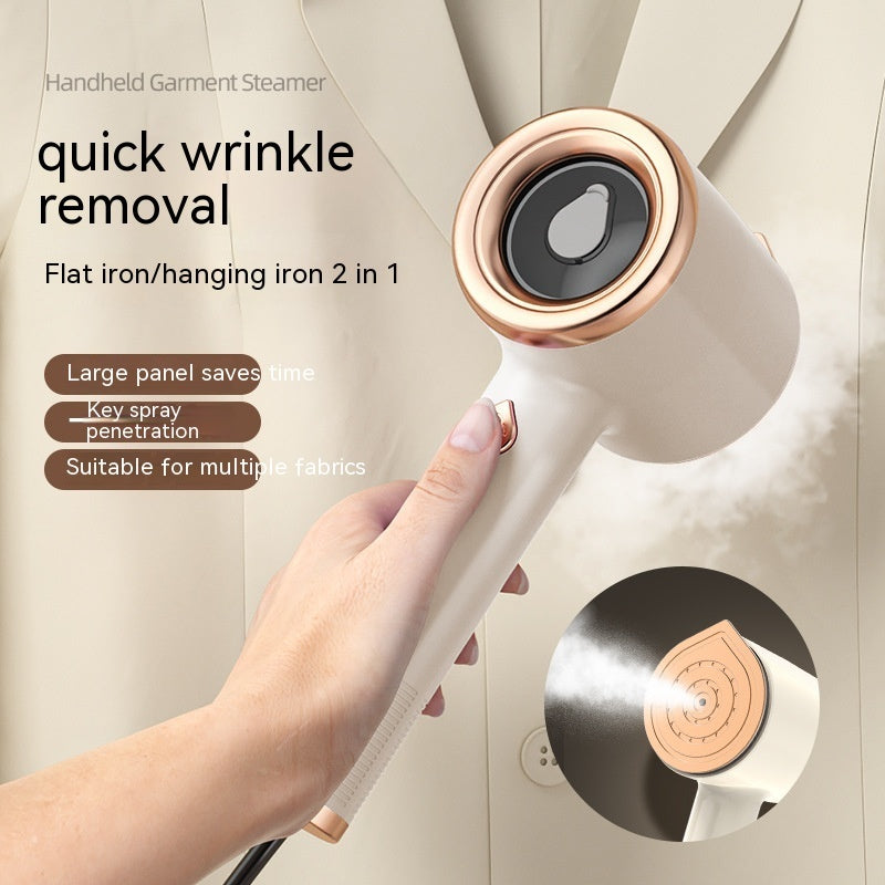 Handheld garment steamer with text on quick wrinkle removal and features, held by a hand.