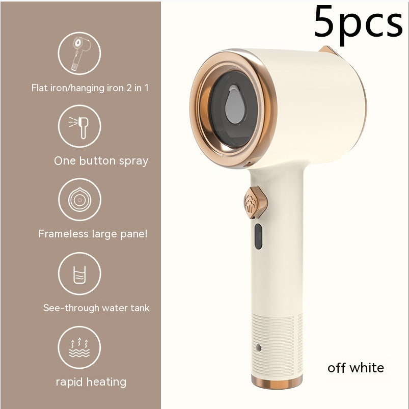 White and rose gold handheld device with features listed on a beige background