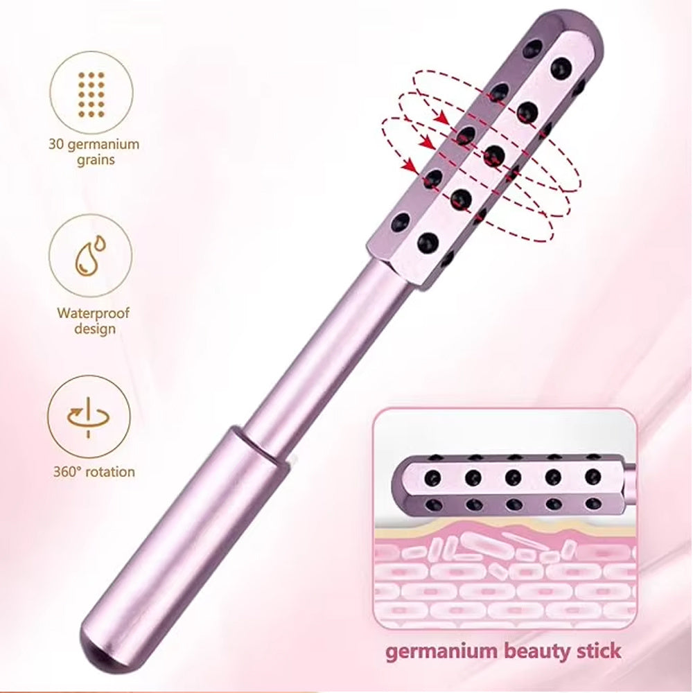 Pink germanium beauty stick with features highlighted on a pink background
