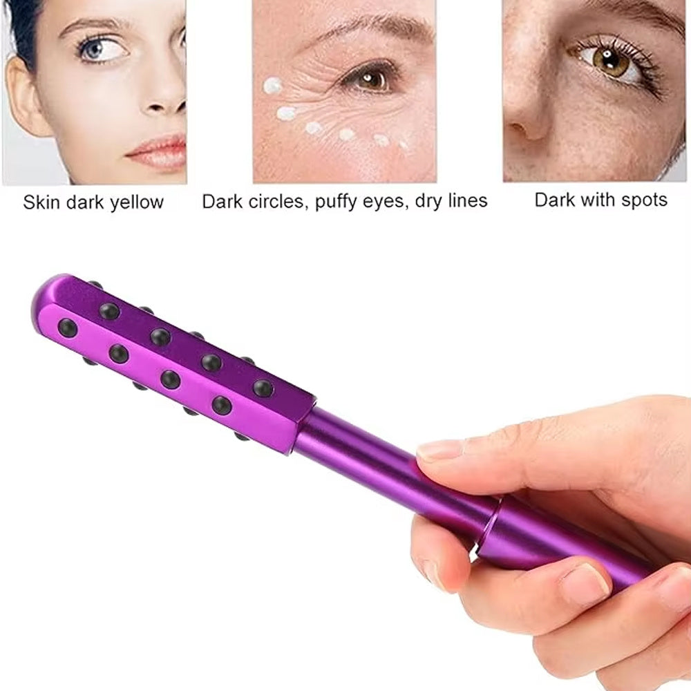Purple facial roller held by a hand with close-up images of skin conditions on a white background.