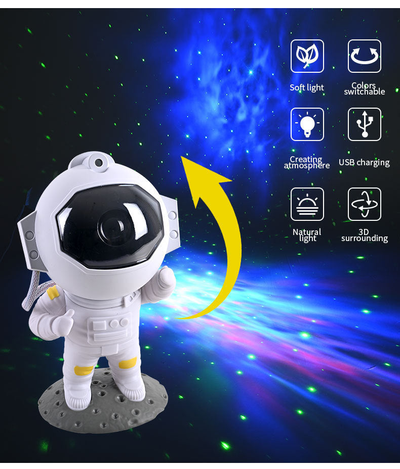 Astronaut-shaped lamp with colorful light effects on a dark background