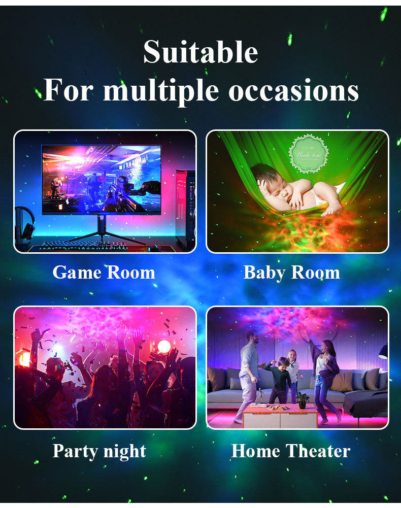 LED light strip application scenarios including game room, baby room, party night, and home theater.