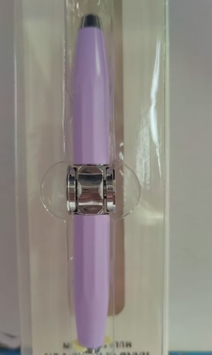 Purple pen with a clear cap on a white background