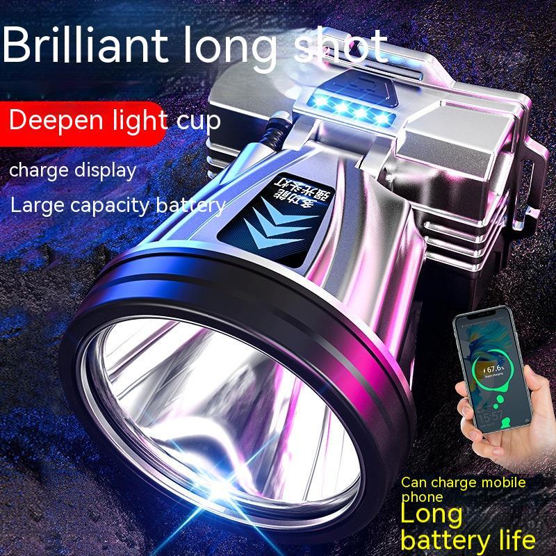 A head-mounted torch with a deep blue light cup, silver body, and a display indicating charging status. It can also charge mobile phones.