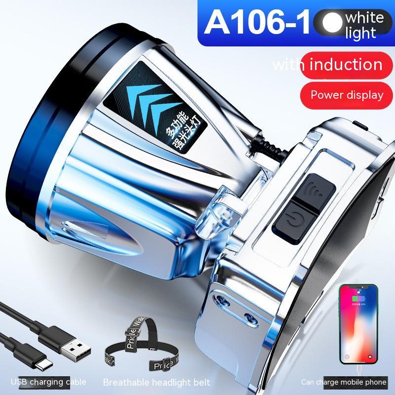 A head-mounted torch with a deep blue light cup, silver body, and a display indicating charging status. It can also charge mobile phones.