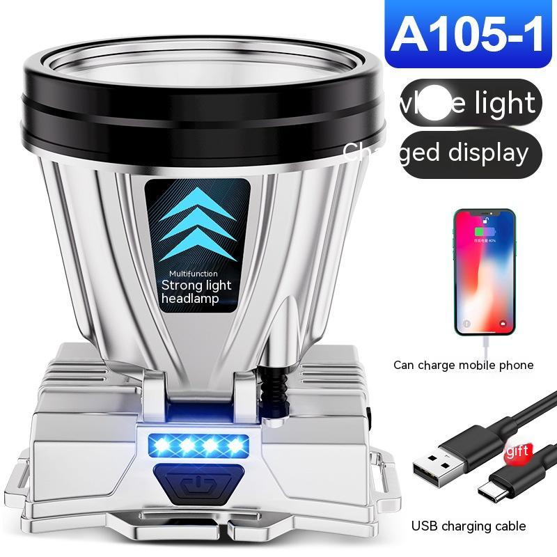 A head-mounted torch with a deep blue light cup, silver body, and a display indicating charging status. It can also charge mobile phones.
