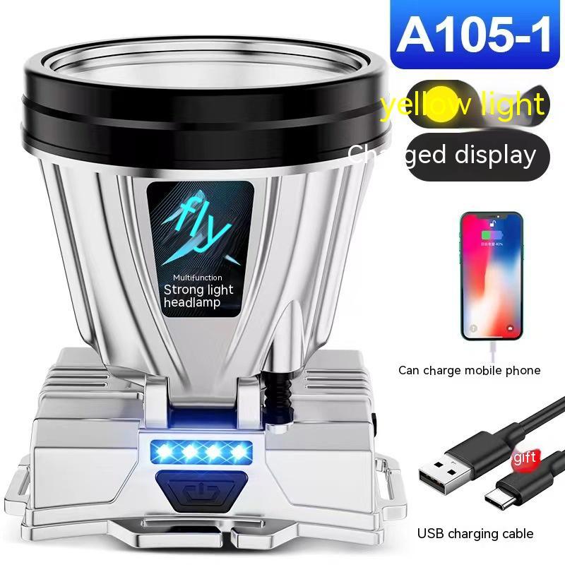 A head-mounted torch with a deep blue light cup, silver body, and a display indicating charging status. It can also charge mobile phones.