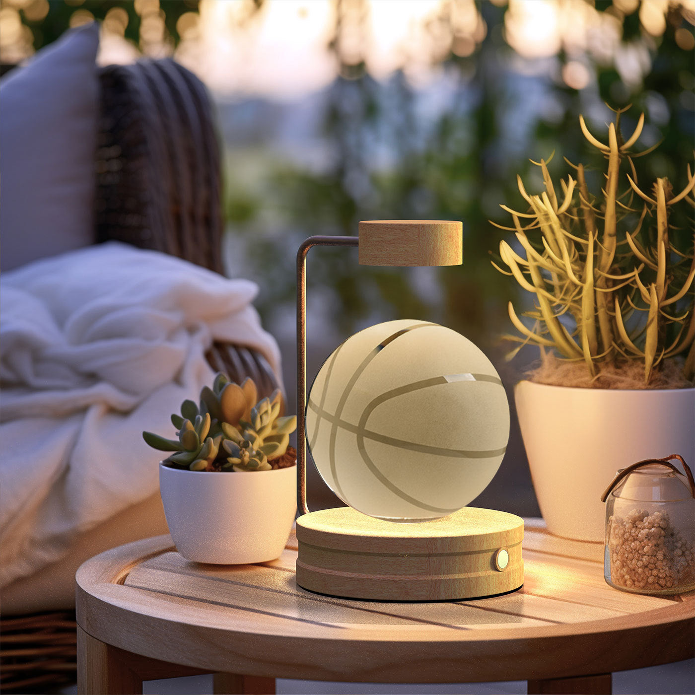 Decorative lamp shaped like a basketball on a wooden table with plants and pillows in the background