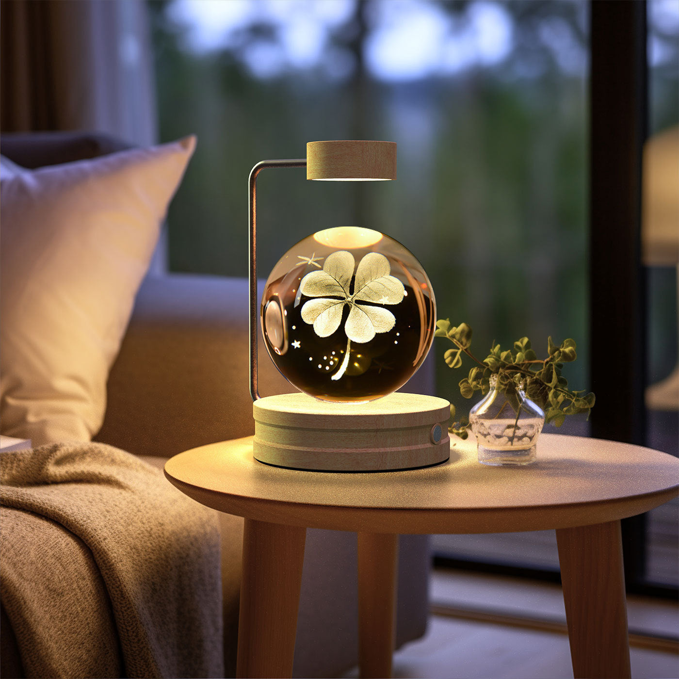Decorative lamp with a four-leaf clover design on a small table in a cozy room.
