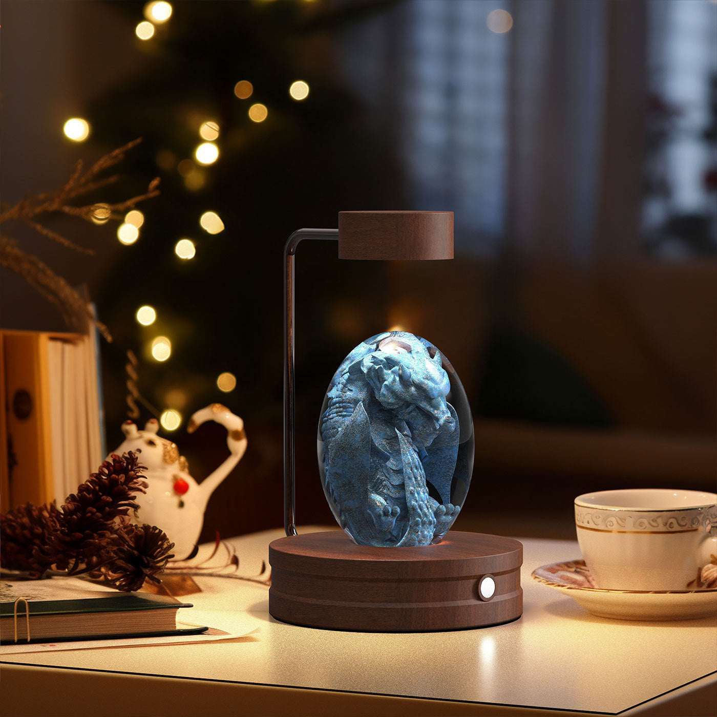 Decorative lamp with a blue glass sphere on a wooden base, placed on a table with a warm glow.