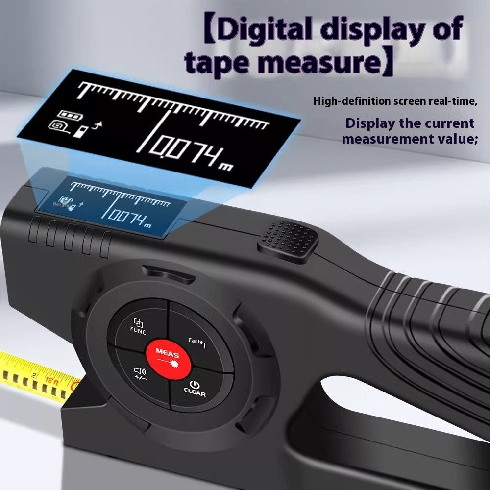 Digital tape measure with a high-definition screen displaying measurement values.