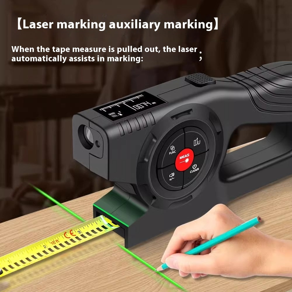 Laser marking tool with tape measure and pencil on a wooden surface