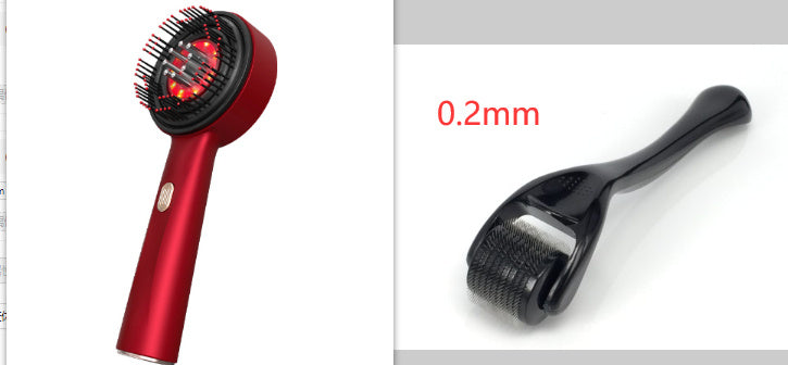 A person is holding a red electric massage comb with a black head, demonstrating its design and size.