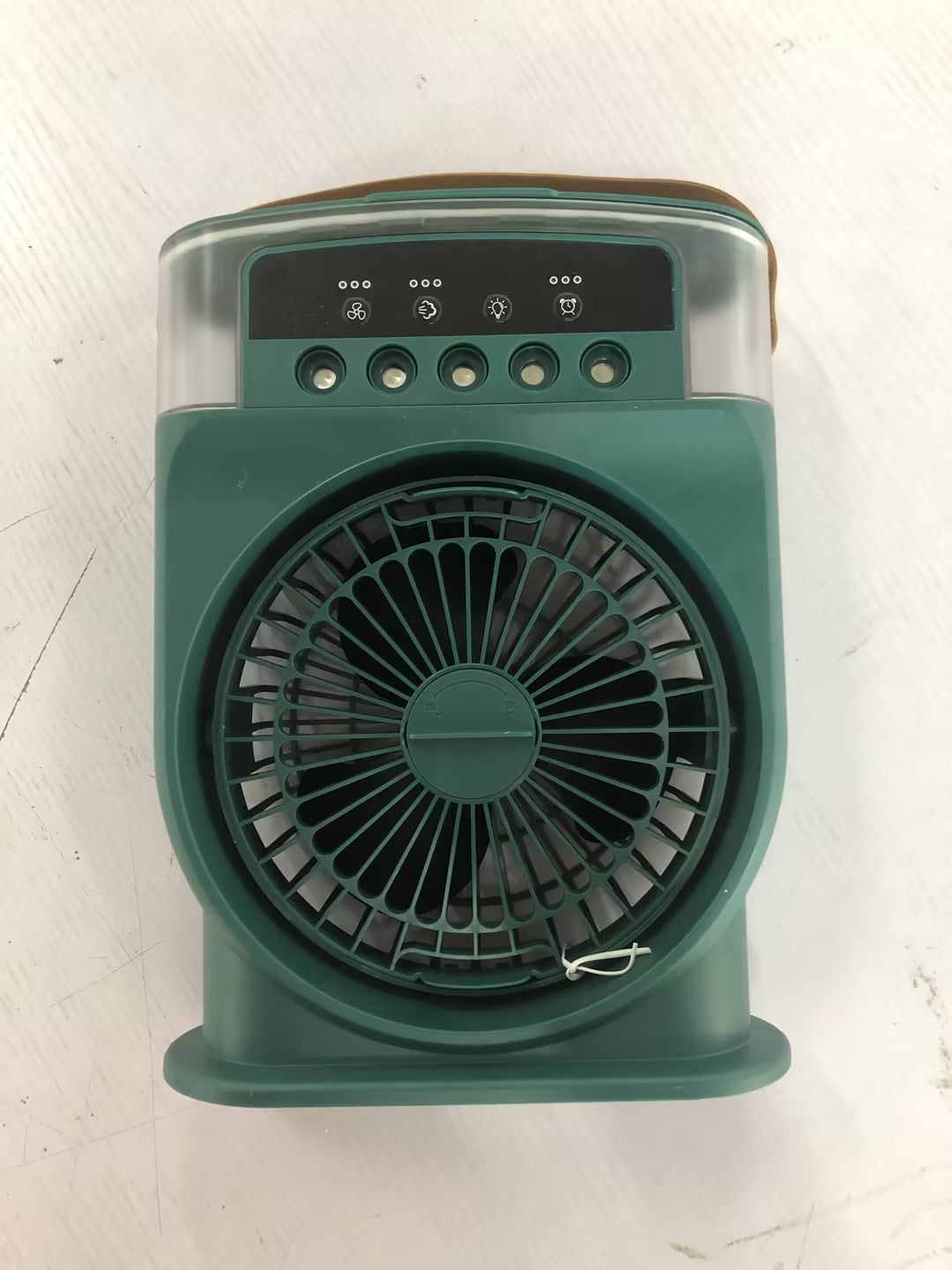 A green portable USB air conditioner cooling fan with a handle, featuring 7 color lighting and a water tank depicted in the image.