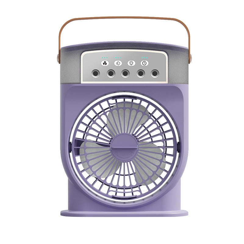 A lavender portable USB air conditioner cooling fan with a handle, featuring 7 color lighting and a water tank depicted in the image.