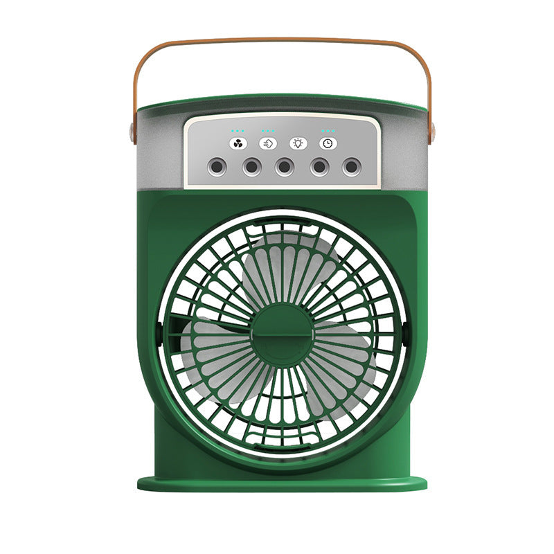 A green portable USB air conditioner cooling fan with a handle, featuring 7 color lighting and a water tank depicted in the image.