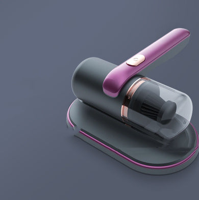 A handheld electric UV mite remover with a pink and gray color scheme being used on a fabric surface, showcasing its UV sterilization function.