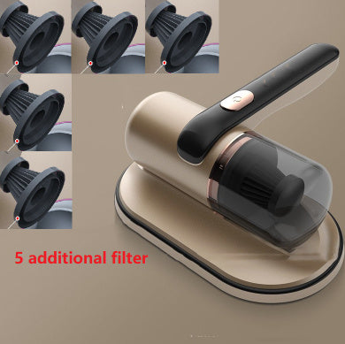 A handheld electric UV mite remover with a pink and gray color scheme being used on a fabric surface, showcasing its UV sterilization function.