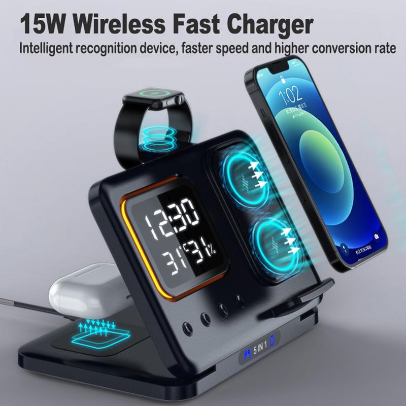 Multi-device wireless fast charger with smartphone, watch, and tablet on a gray background