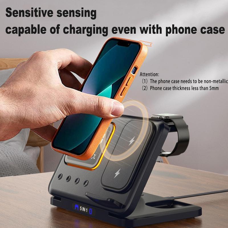Hand holding a phone with a case on a wireless charging stand, with text about charging capabilities.