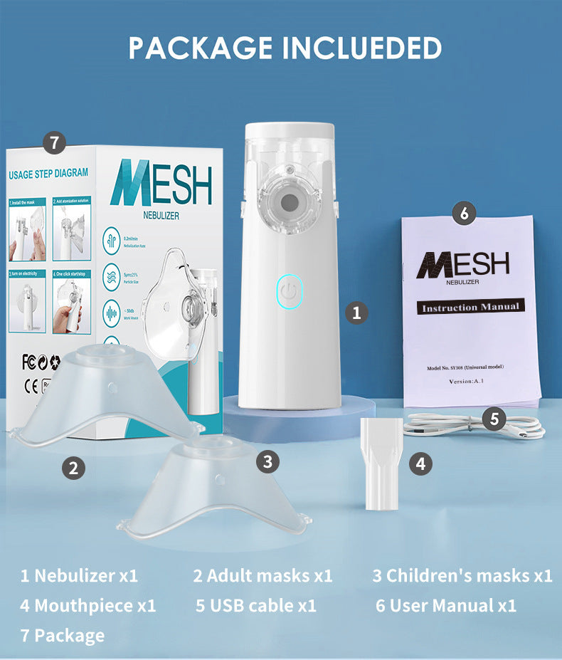 A handheld ultrasonic nebulizer designed for children, showing the device, a mask, and a nebulized bite, against a blue background.
