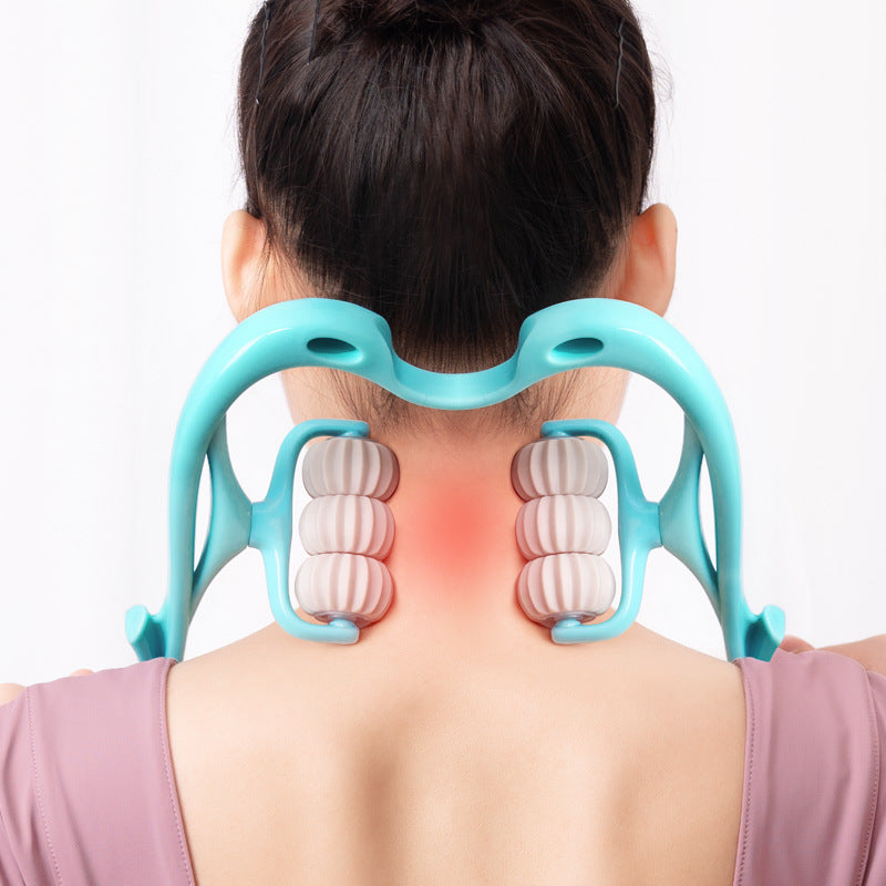Person using a turquoise neck and shoulder massager on a white background